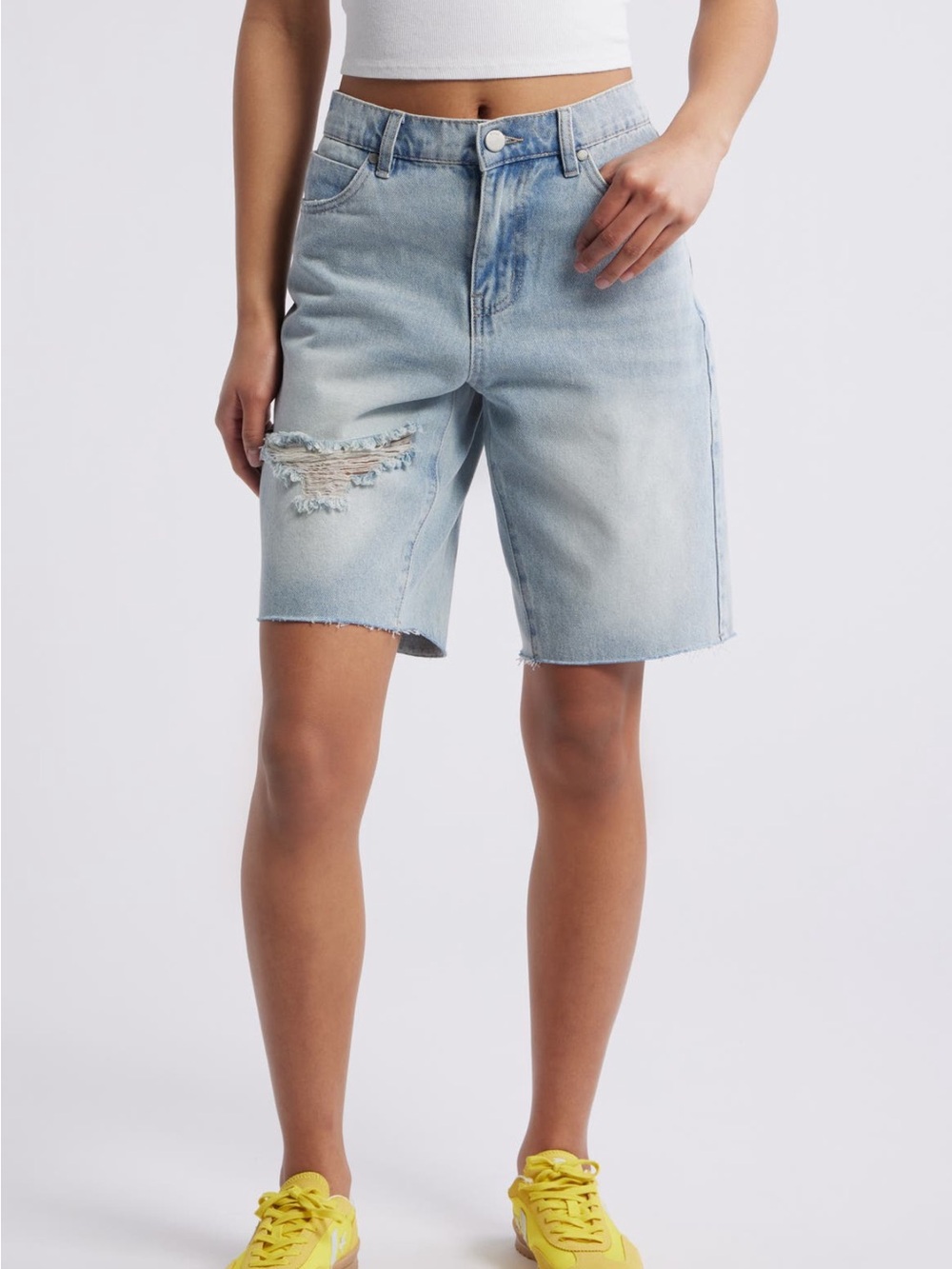 Light Blue Distressed Denim Bermuda Shorts